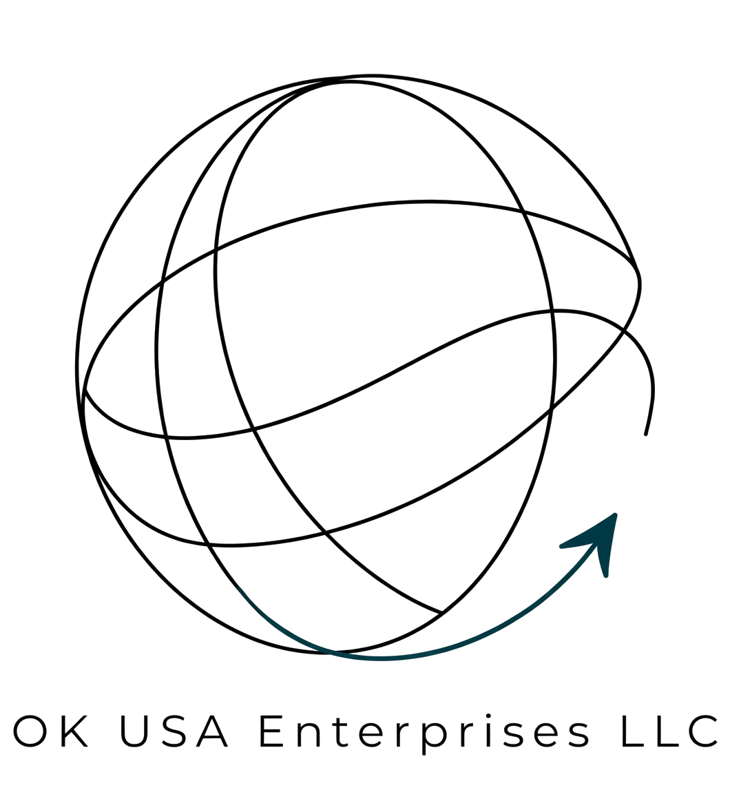 OK USA Enterprises LLC logo — a line-drawn globe with an upward arrow
