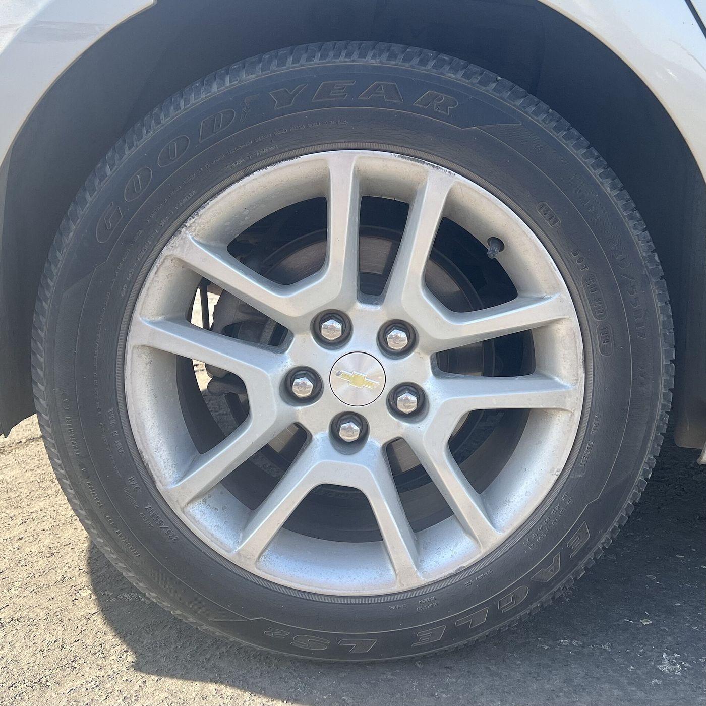 Goodyear Eagle tire on a Chevrolet alloy wheel, close-up