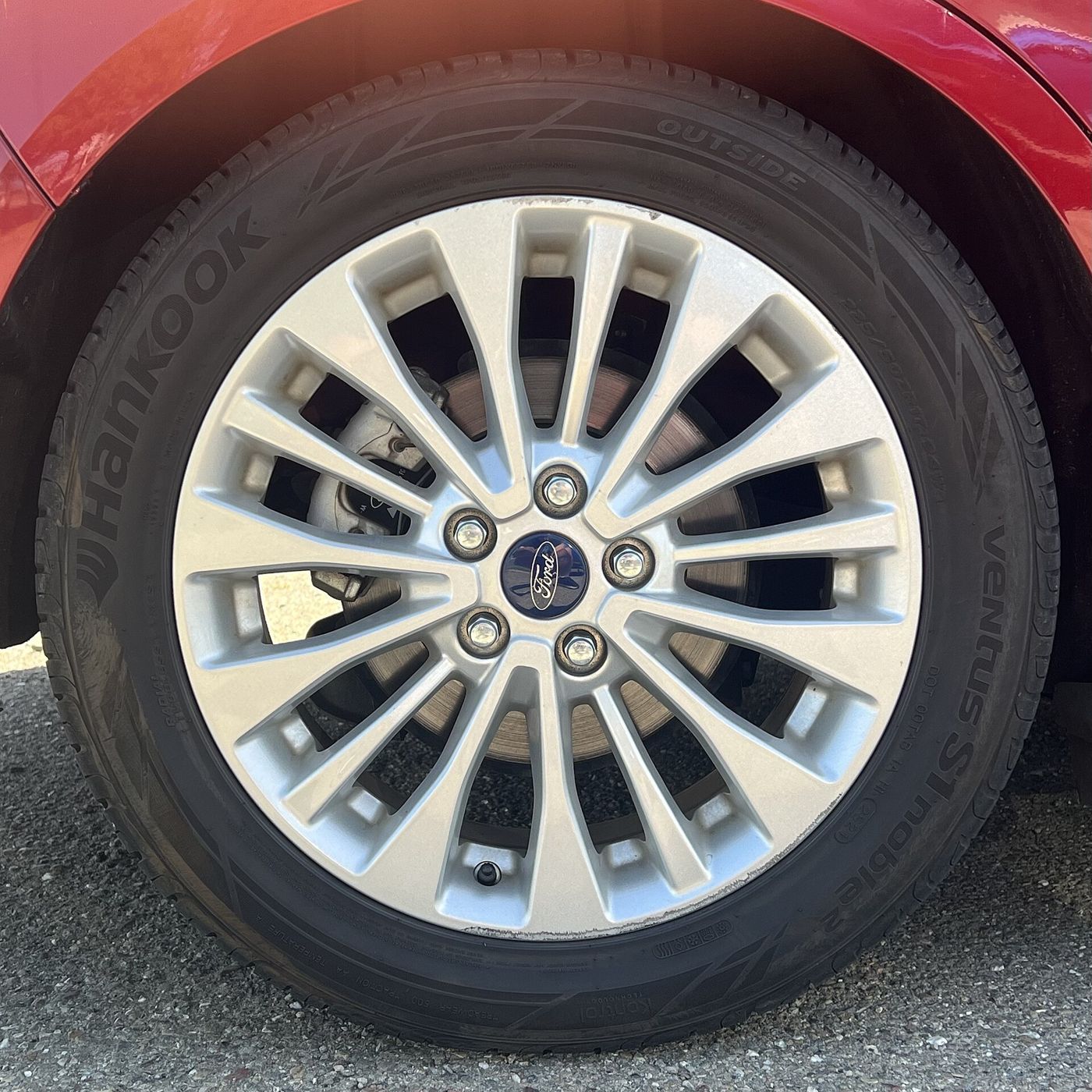 Hankook Ventus tire on a Ford alloy wheel, close-up