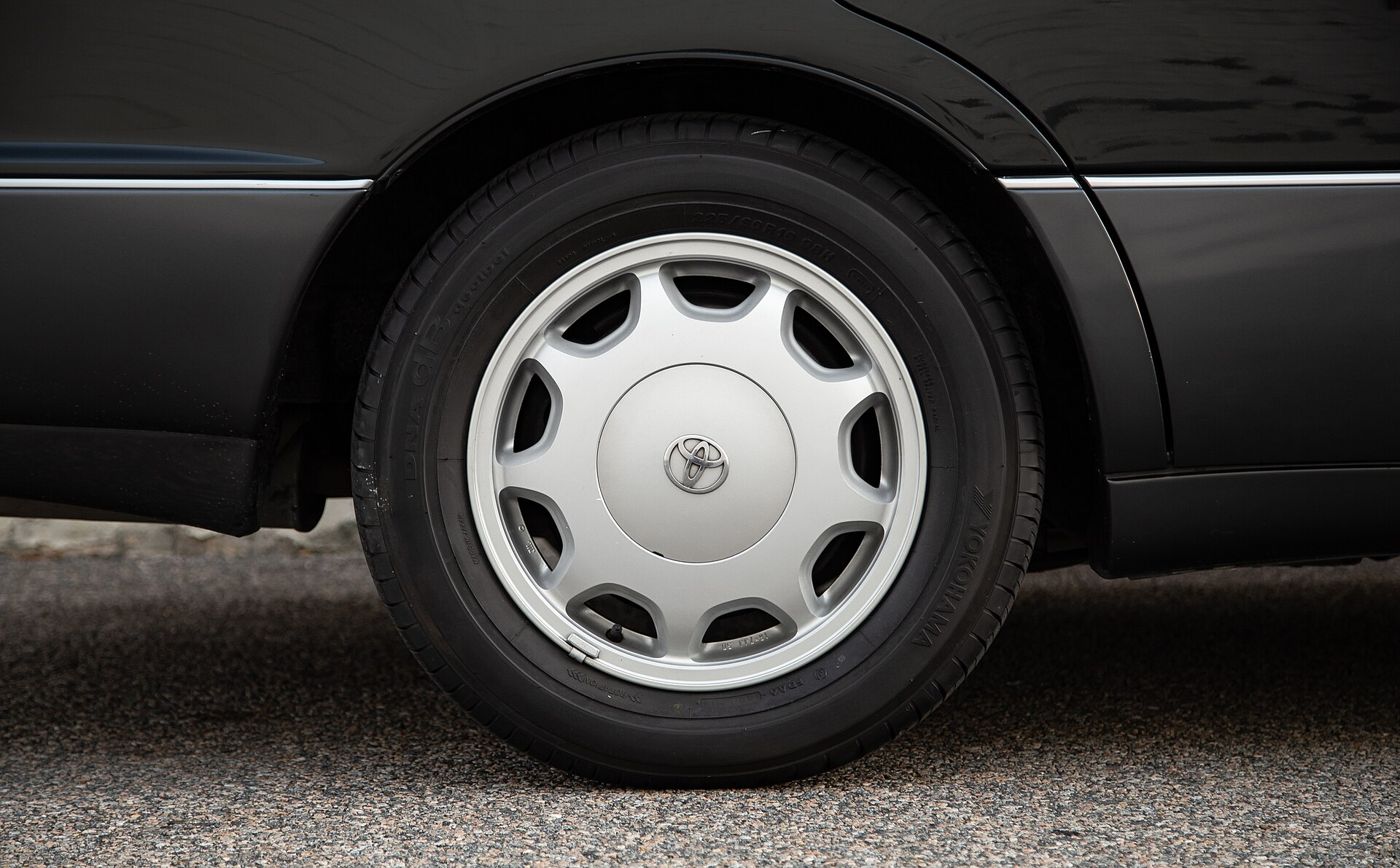 Yokohama tire on a Toyota sedan wheel, close-up
